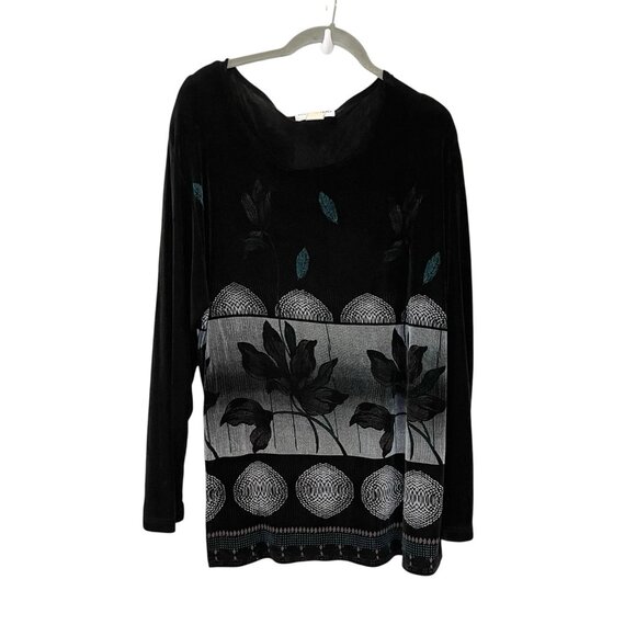 LS Collections Slinky Travelers Acetate Floral Art to Wear Lagenlook Black Top - Picture 1 of 4